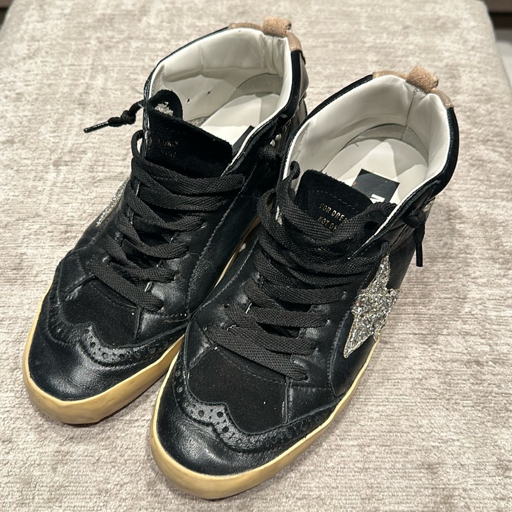 Golden Goose Mid Star Black Leather with Pearl Detail and Pink Soles, 38